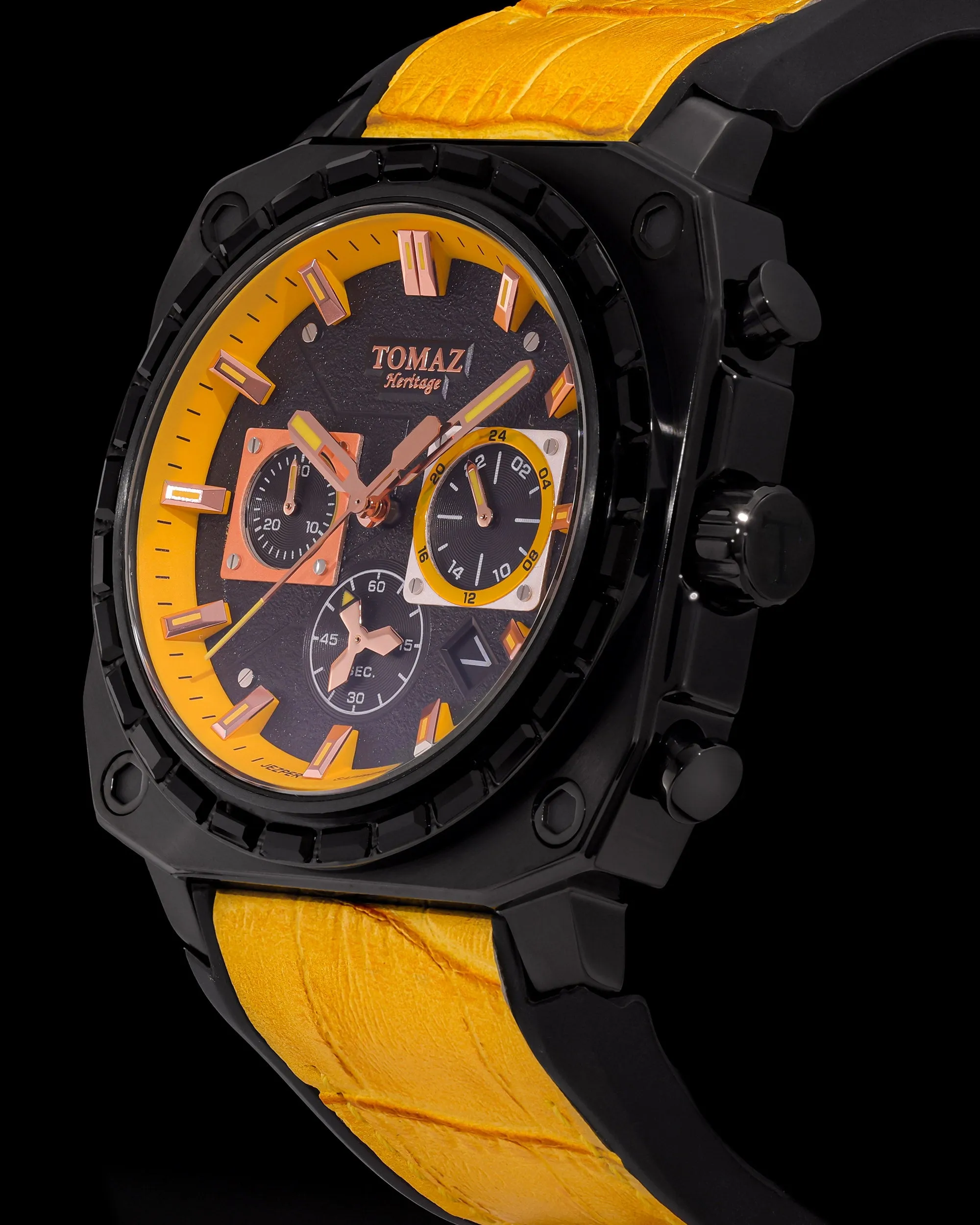 Jezper TQ021B-D2 (Black) with Black Swarovski (Yellow Bamboo Rubber Strap)