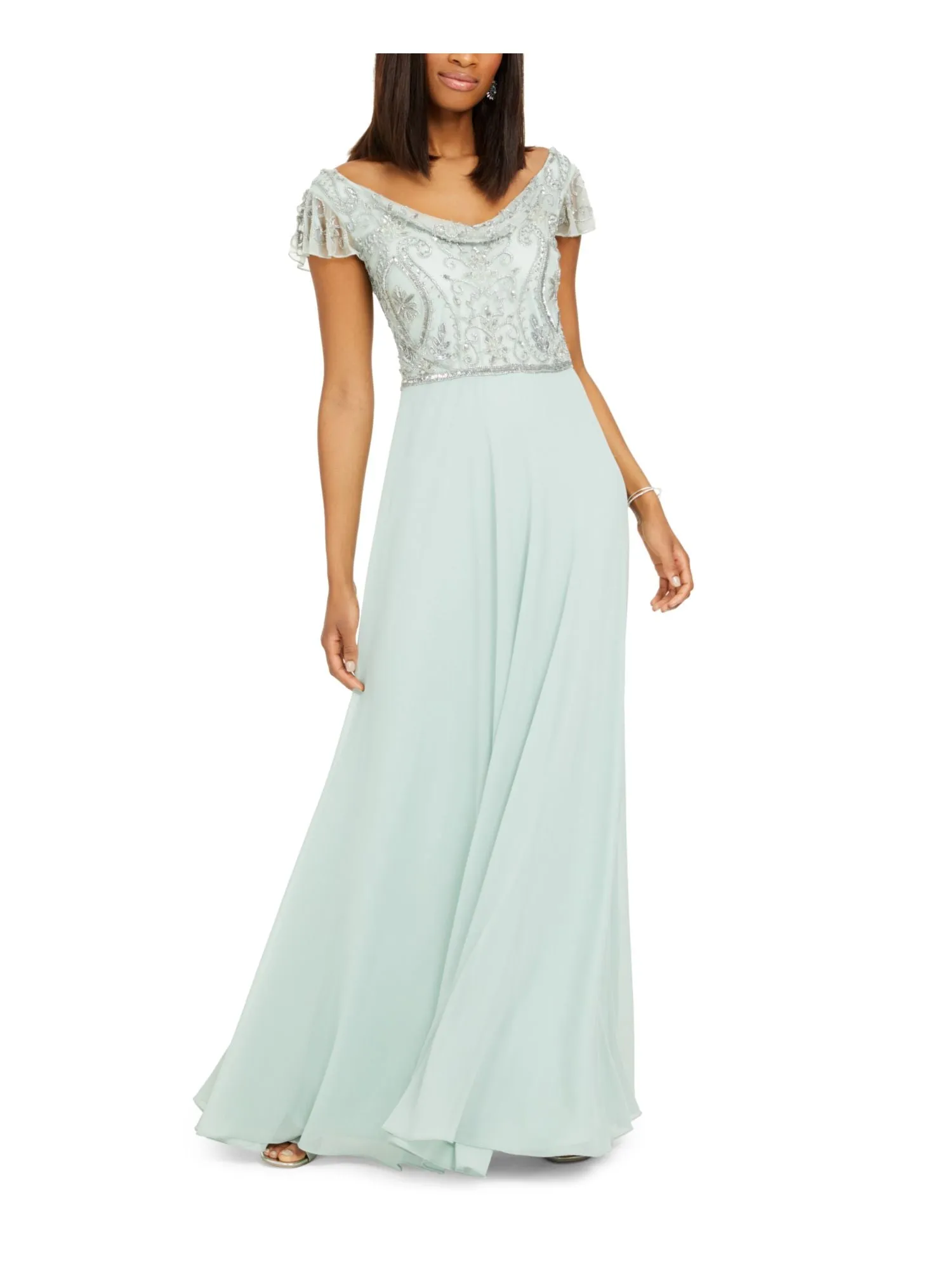 JKARA Womens Green Beaded Sheer Lined Flutter Sleeve Cowl Neck Full-Length Formal Gown Dress