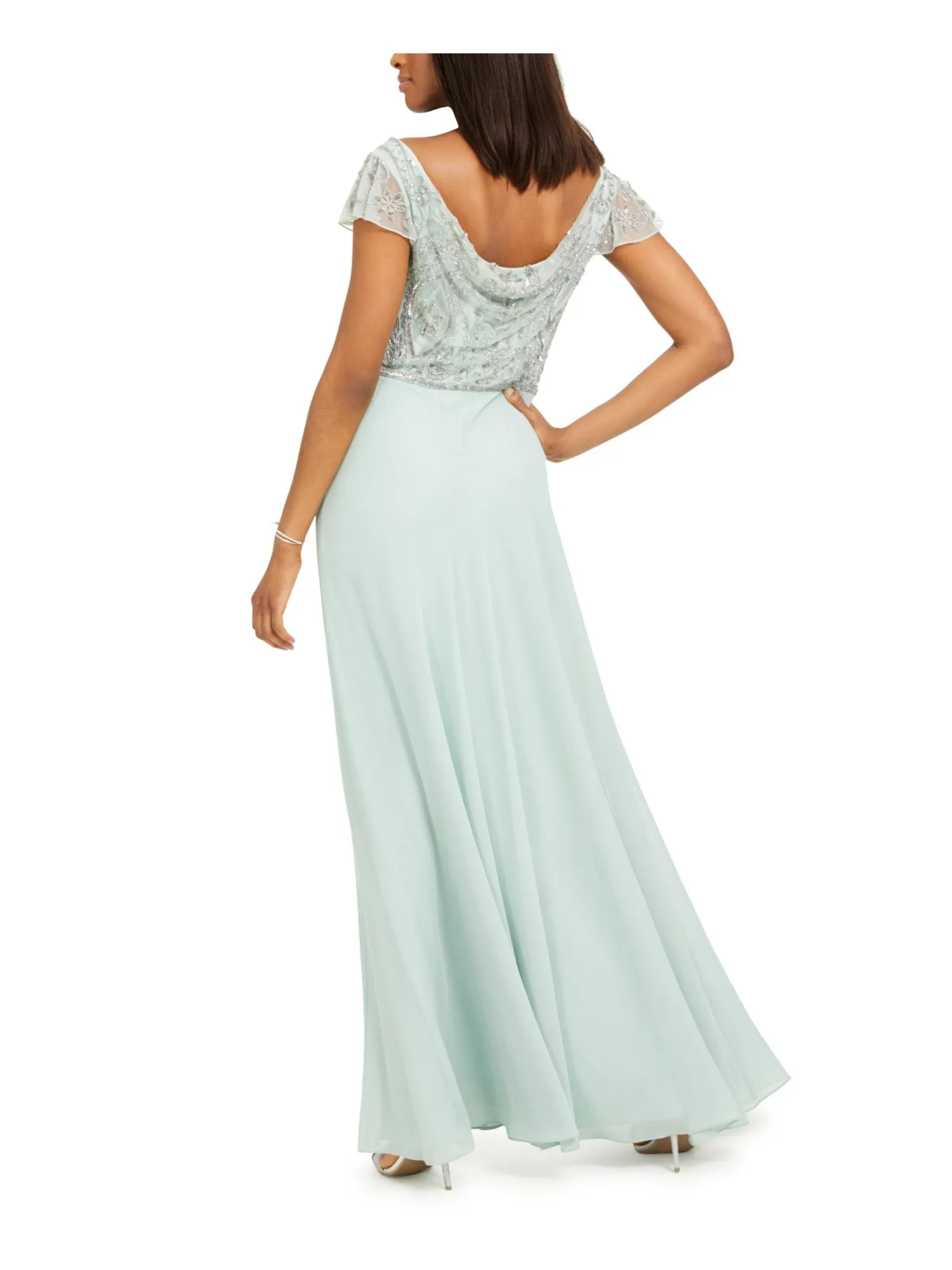 JKARA Womens Green Beaded Sheer Lined Flutter Sleeve Cowl Neck Full-Length Formal Gown Dress