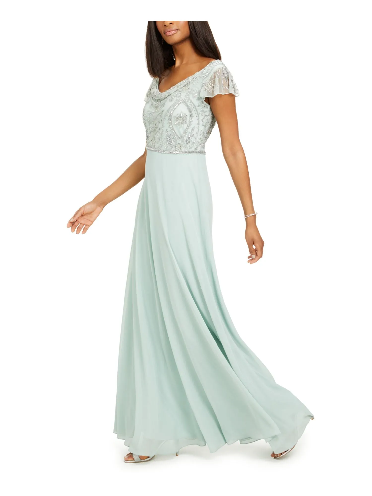 JKARA Womens Green Beaded Sheer Lined Flutter Sleeve Cowl Neck Full-Length Formal Gown Dress