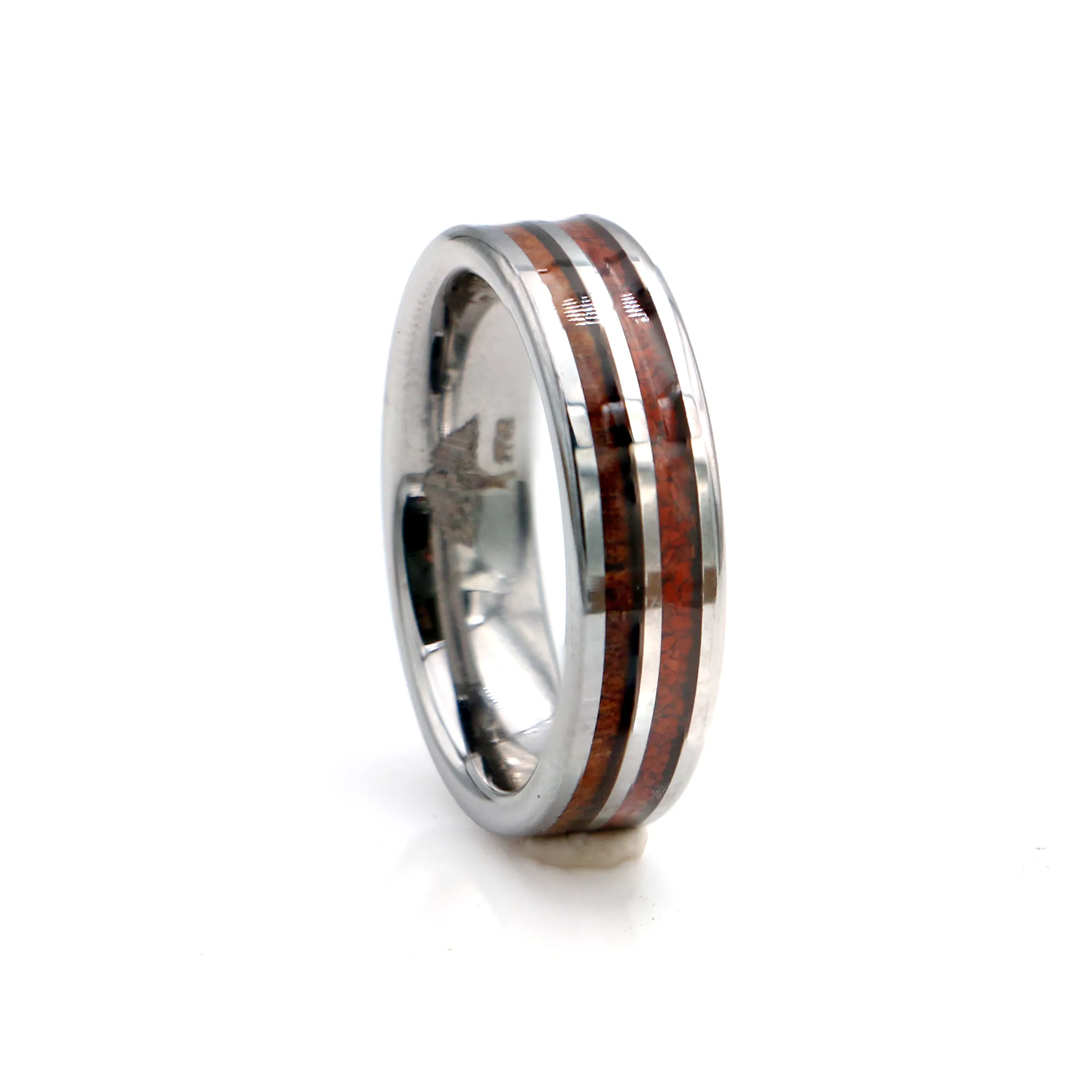 Koa Wood and Crushed Red Coral Tungsten Ring 6mm