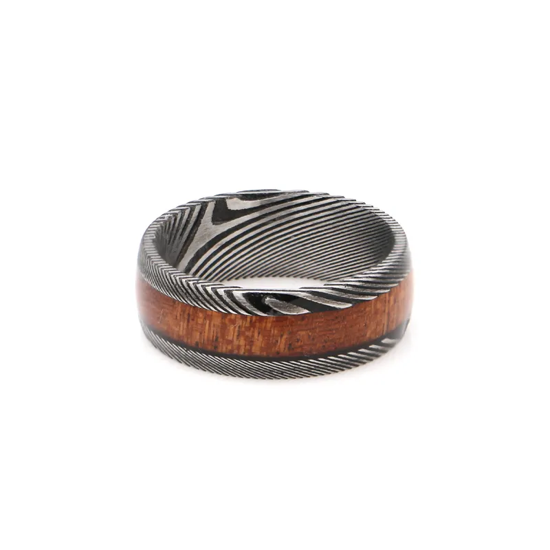 Koa Wood Damascus Steel Ring 8mm