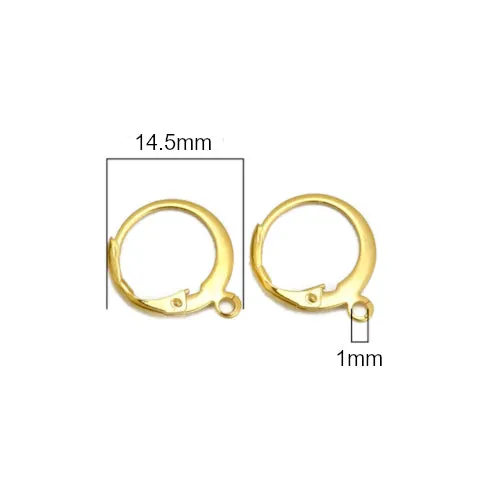 Leverback Earring Findings, 304 Stainless Steel, Round, With Loop, Gold Plated, 14.5mm