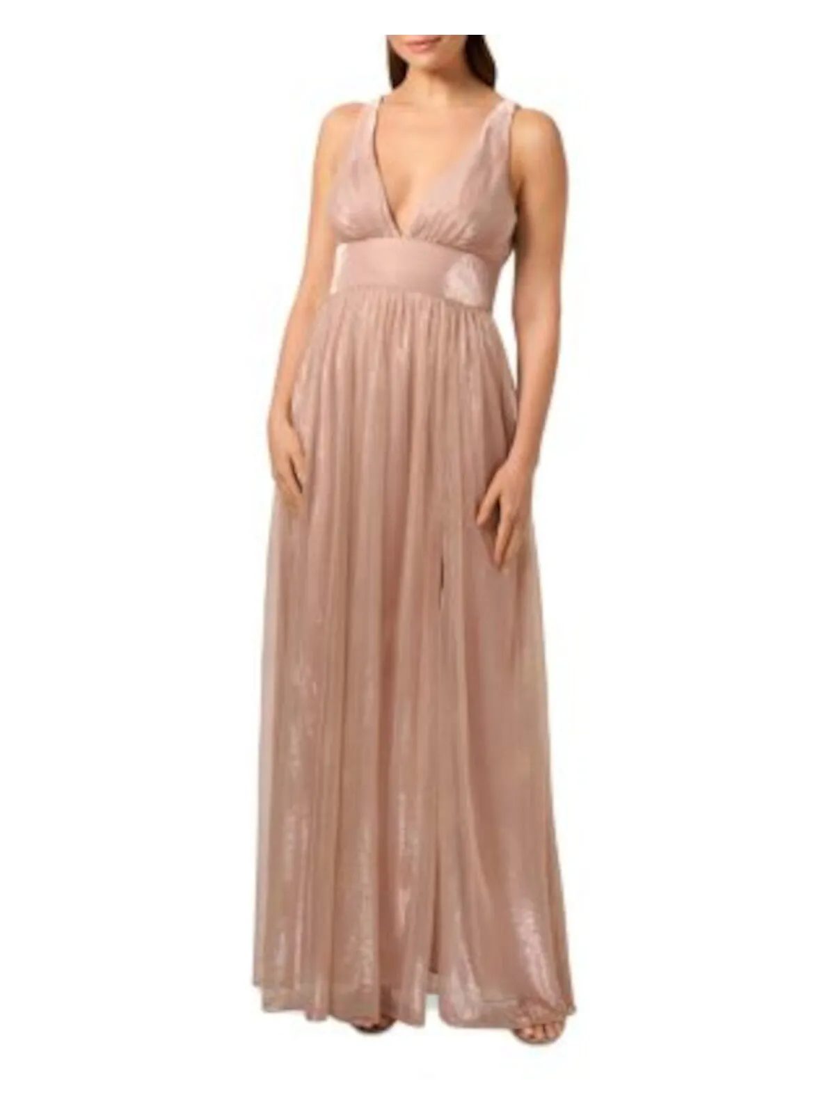 LIV FOSTER Womens Pink Zippered Slitted Empire Waist Shirred Lined Sleeveless V Neck Full-Length Evening Gown Dress