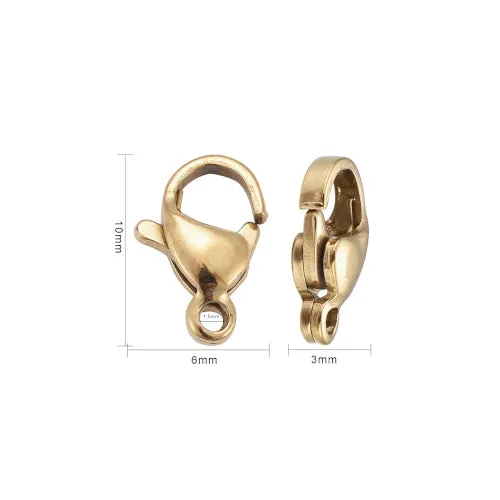 Lobster Claw Clasps, 18K Gold Plated, 304 Stainless Steel, 10x6mm