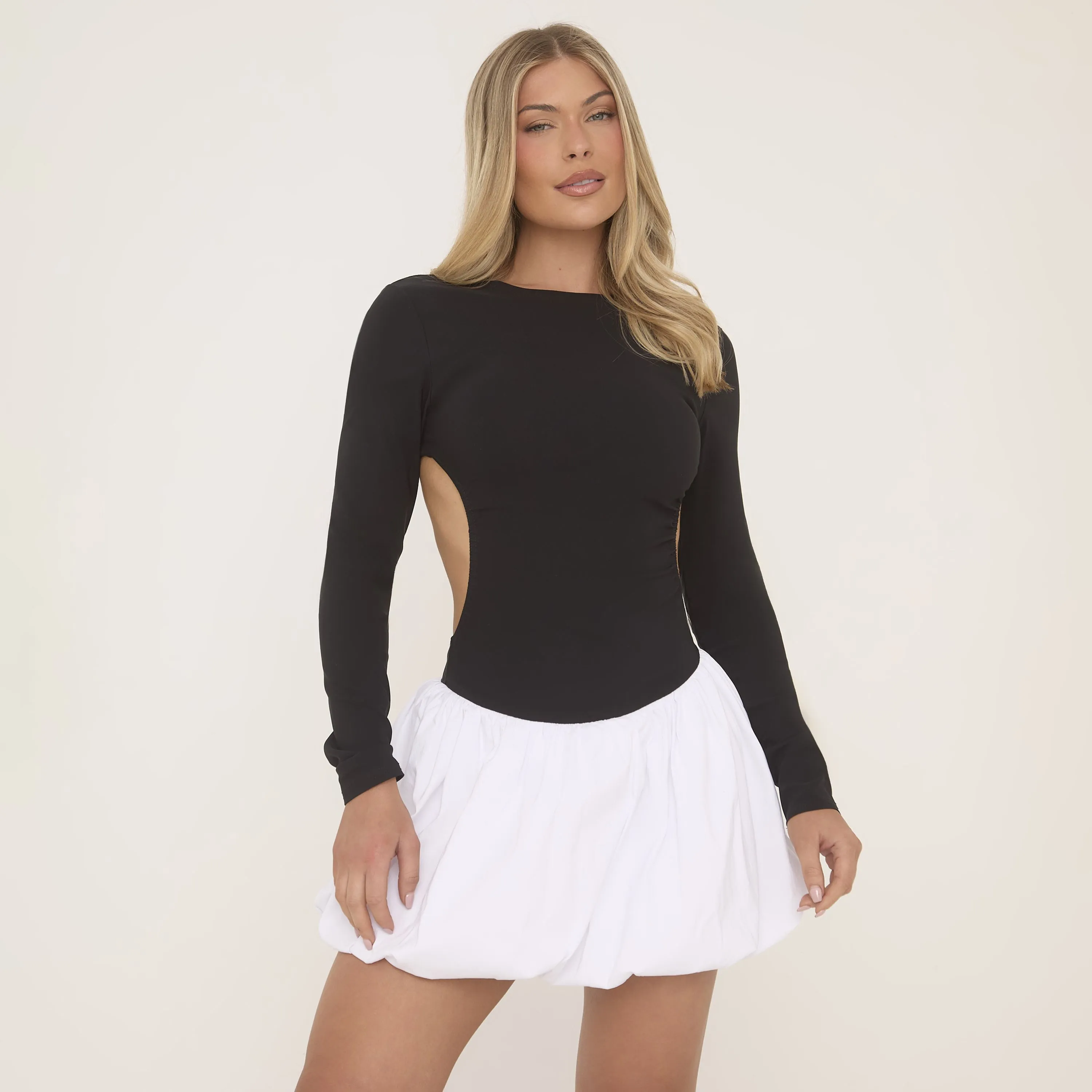 Long Sleeve Cut Out Back Contrast Puffball Mini Dress In Black