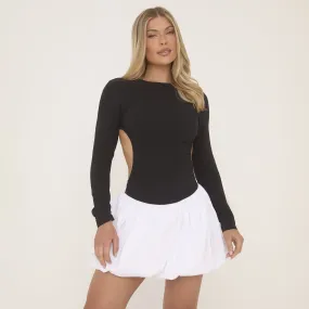 Long Sleeve Cut Out Back Contrast Puffball Mini Dress In Black