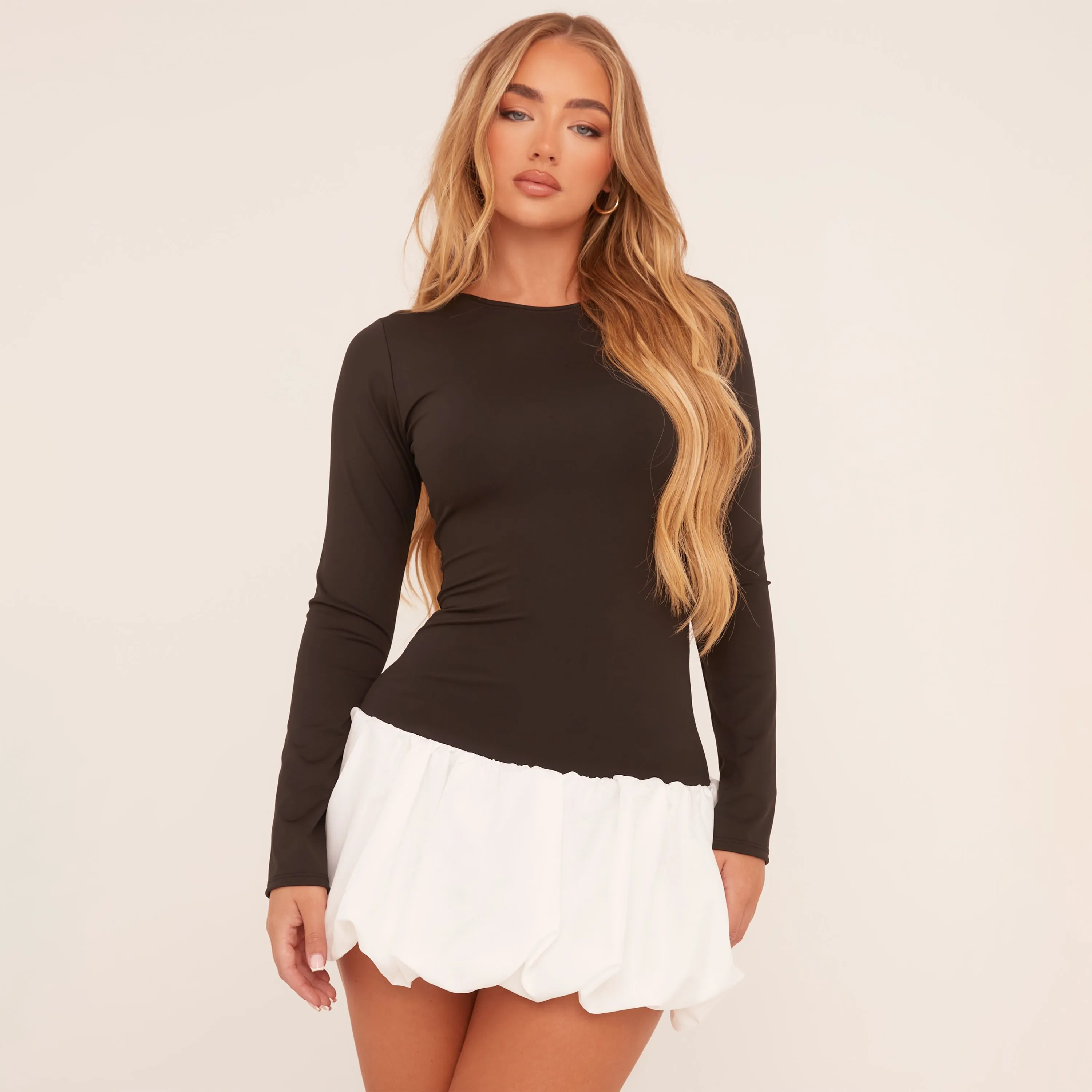 Long Sleeve Dropped Waist Contrast Puffball Mini Dress In Black Woven