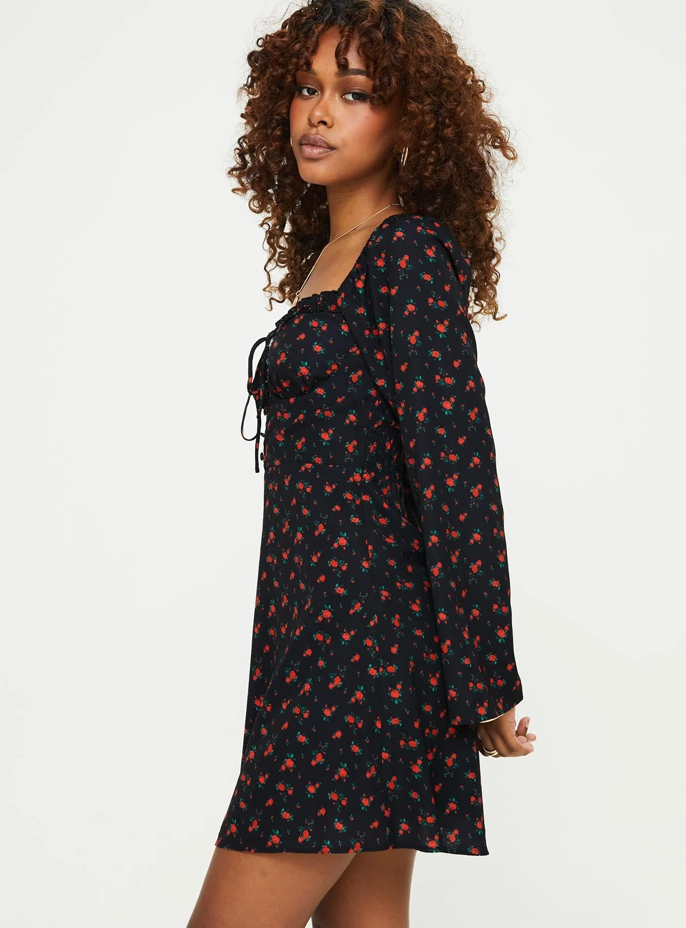 Love Birds Long Sleeve Mini Dress Black / Red Floral