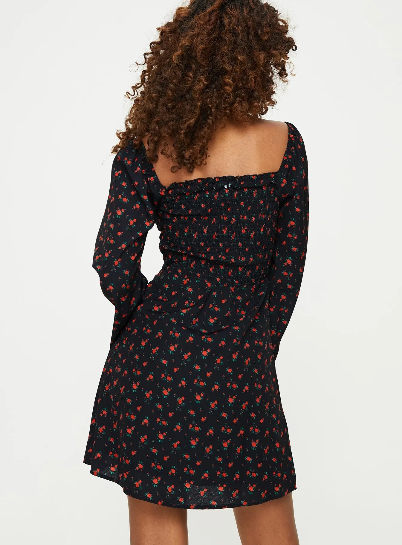 Love Birds Long Sleeve Mini Dress Black / Red Floral