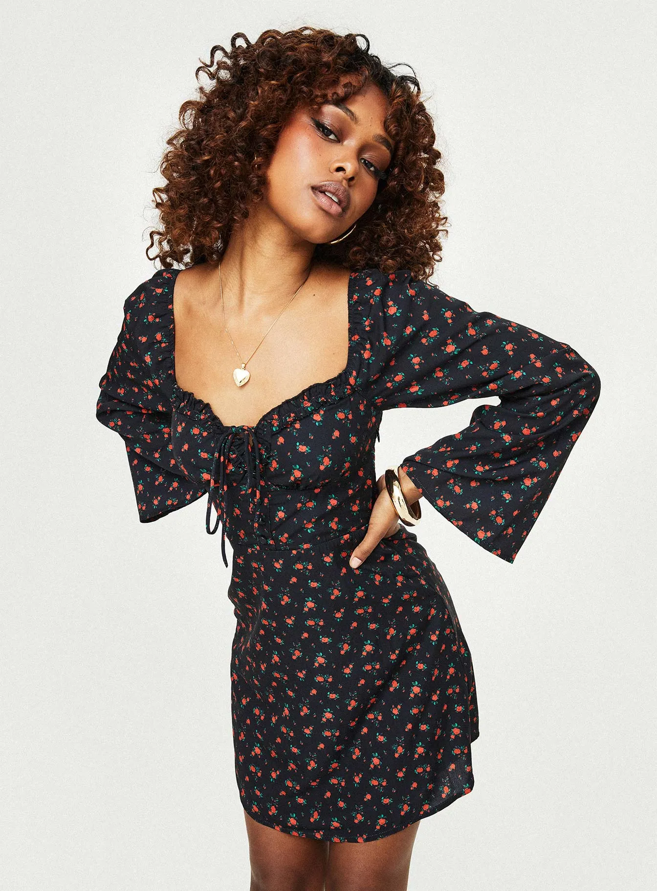 Love Birds Long Sleeve Mini Dress Black / Red Floral