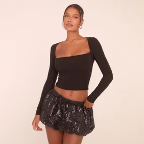 Low Rise Puffball Mini Skirt In Black Sequin