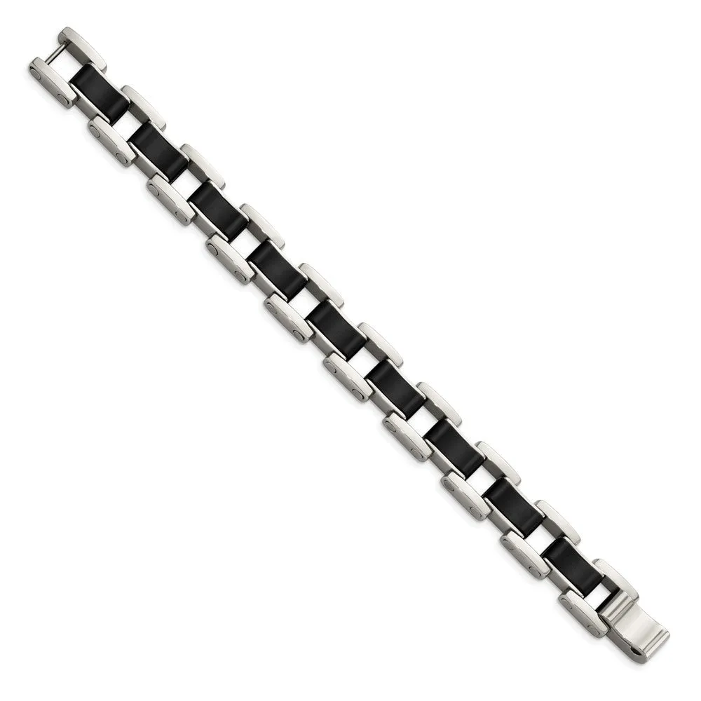 Men's 14mm Stainless Steel & Black Rubber Link Bracelet, 8.5 Inch