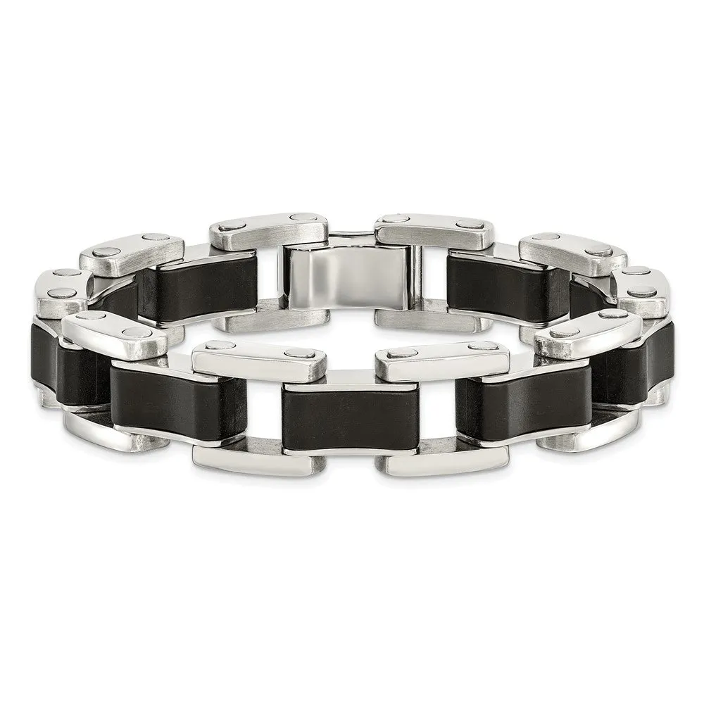 Men's 14mm Stainless Steel & Black Rubber Link Bracelet, 8.5 Inch