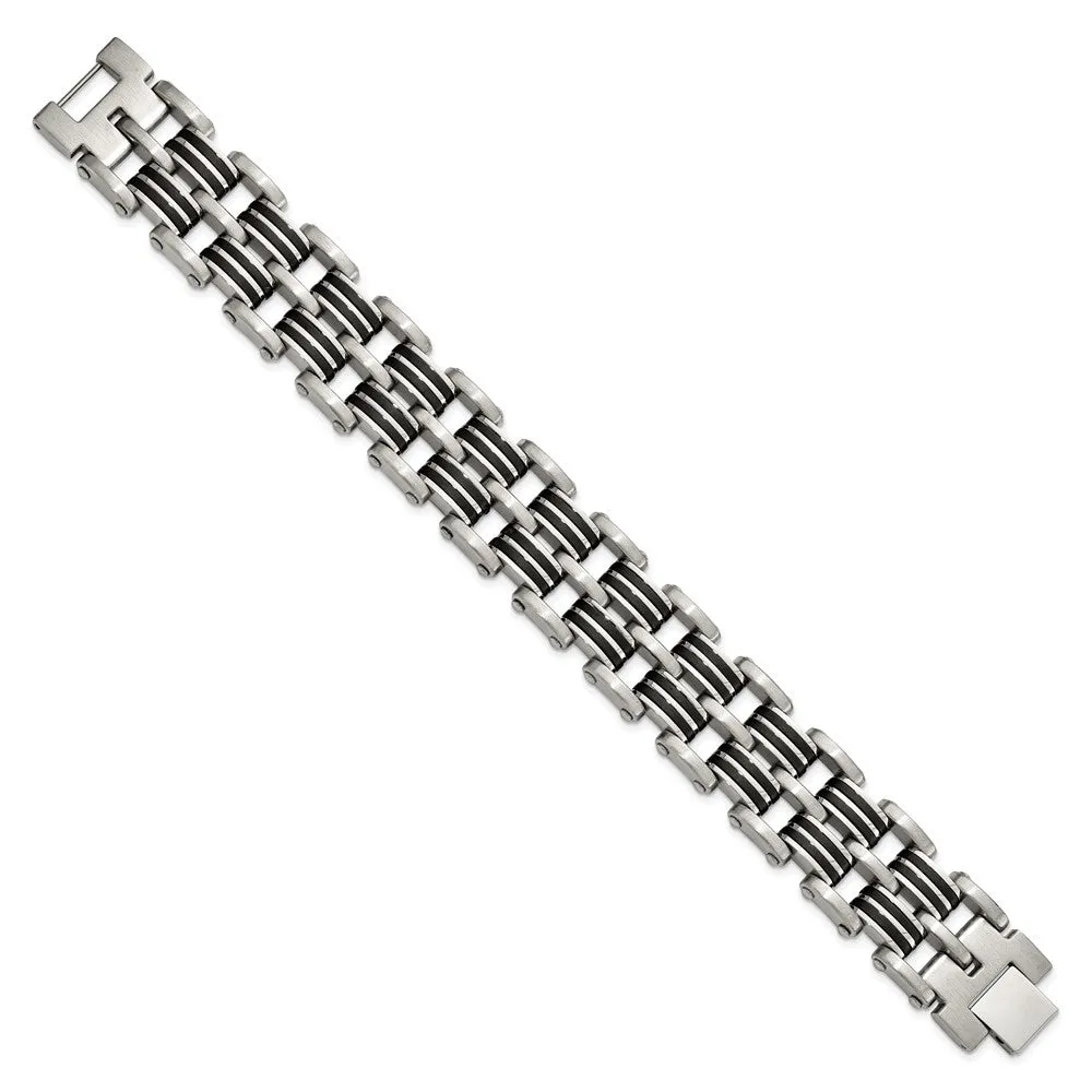 Men's 20mm Stainless Steel & Black Rubber Link Bracelet, 8.25 Inch