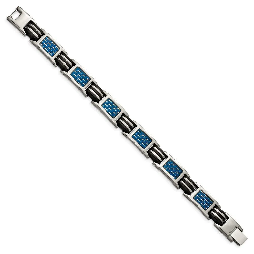 Men's Titanium Blue Carbon Fiber & Black Rubber Link Bracelet, 8.5 In