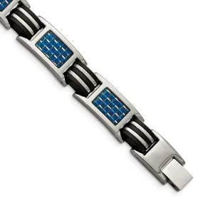 Men's Titanium Blue Carbon Fiber & Black Rubber Link Bracelet, 8.5 In