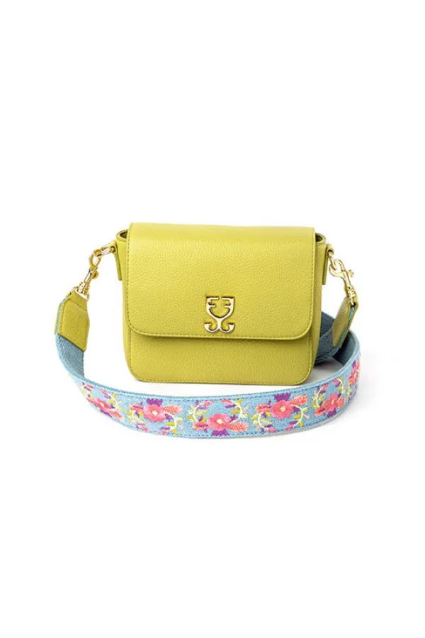 Mini Goblet Crossbody Leather : Lime Green with Denim Straps