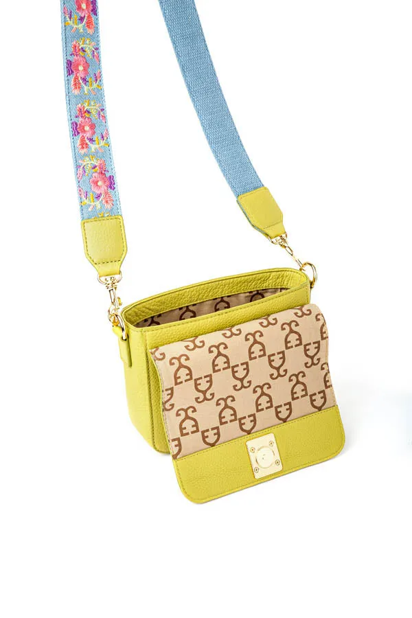 Mini Goblet Crossbody Leather : Lime Green with Denim Straps