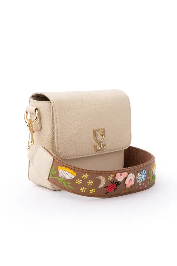 Mini Goblet Crossbody Leather – Cream with Embroidered Strap