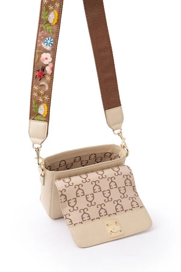 Mini Goblet Crossbody Leather – Cream with Embroidered Strap