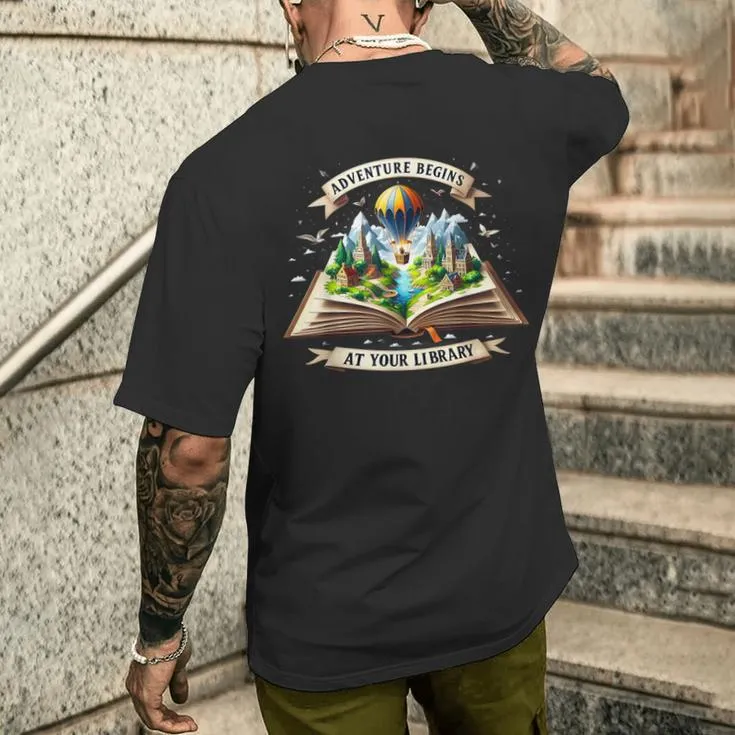 Nature Adventure Begins At Your Library Book Lover Hiking Men's T-shirt Back Print