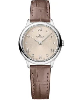 Omega De Ville Prestige Quartz 27.5mm Linen Diamond Dial Taupe Leather Strap Women's Watch 434.13.28.60.59.001 434.13.28.60.59.0