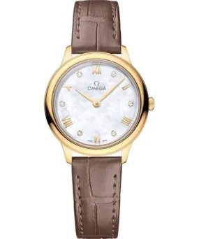 Omega De Ville Prestige Quartz 27.5mm Mother of Pearl Diamond Dial 18K Yellow Gold Taupe Leather Strap Women's Watch 434.53.28.6