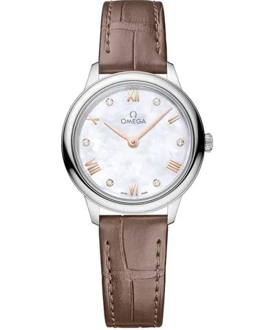 Omega De Ville Prestige Quartz 27.5mm Mother of Pearl Diamond Dial Taupe Leather Strap Women's Watch 434.13.28.60.55.001 434.13.