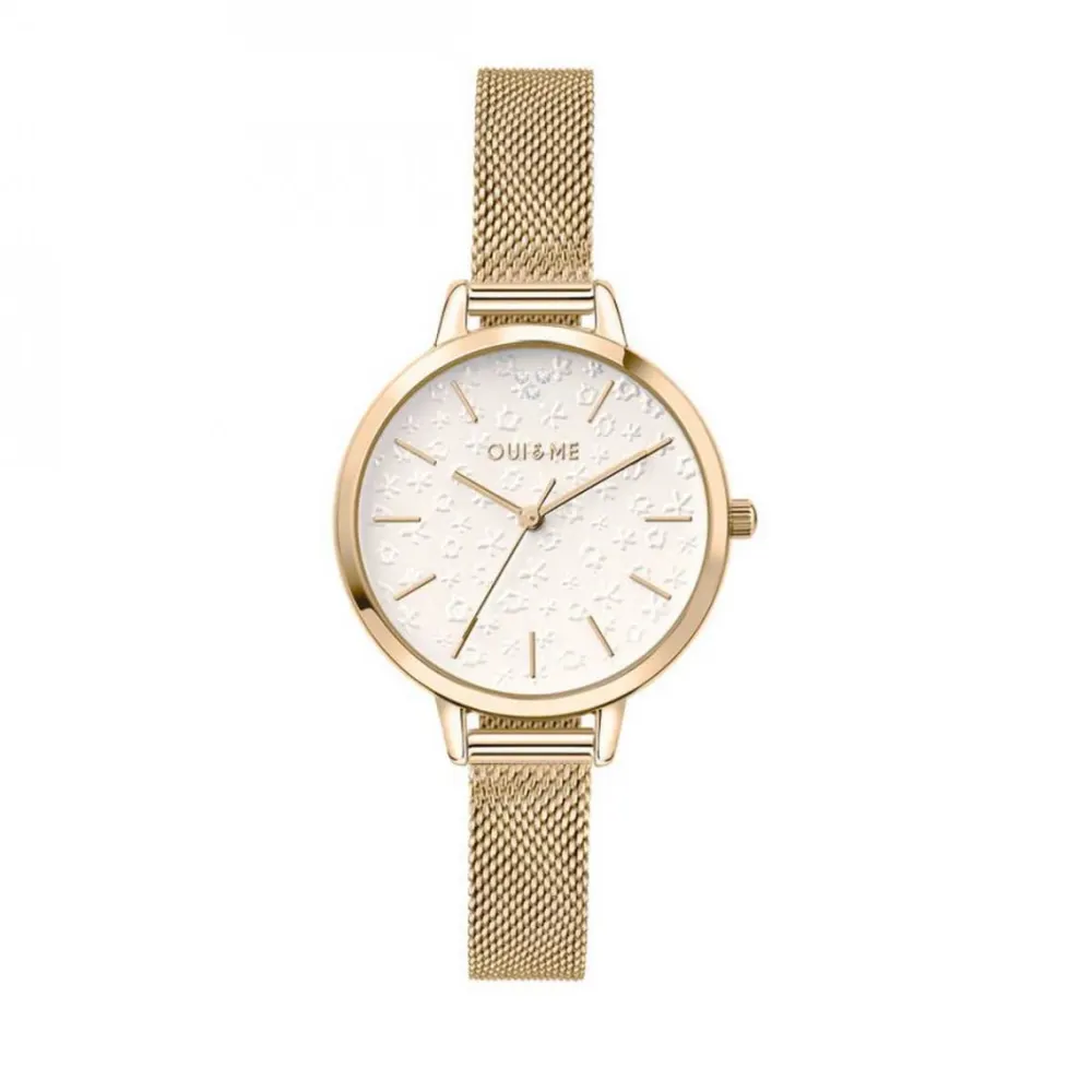 OUI & ME-Fleurette 32mm 3 Hand Pink Raised Flowers Dial Watch With Stainless Steel Mesh Bracelet