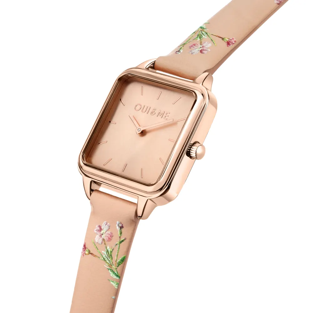 OUI & ME-Harmonie 28mm 2 Hand Square White Flower Dial Watch With Yellow Gold Mesh Bracelet