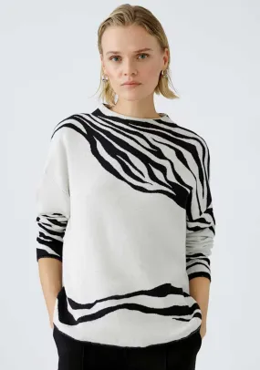 Oui Animal Print Glitter Trim Jumper, White and Black