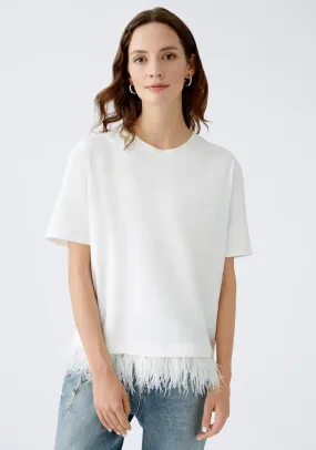 Oui Feather Hem T Shirt, White