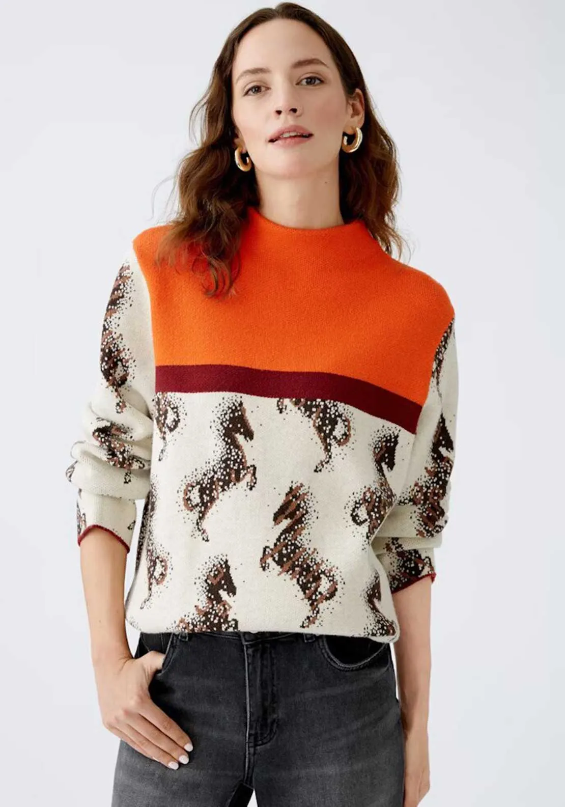 Oui Horse Print Colour Block Jumper, Beige