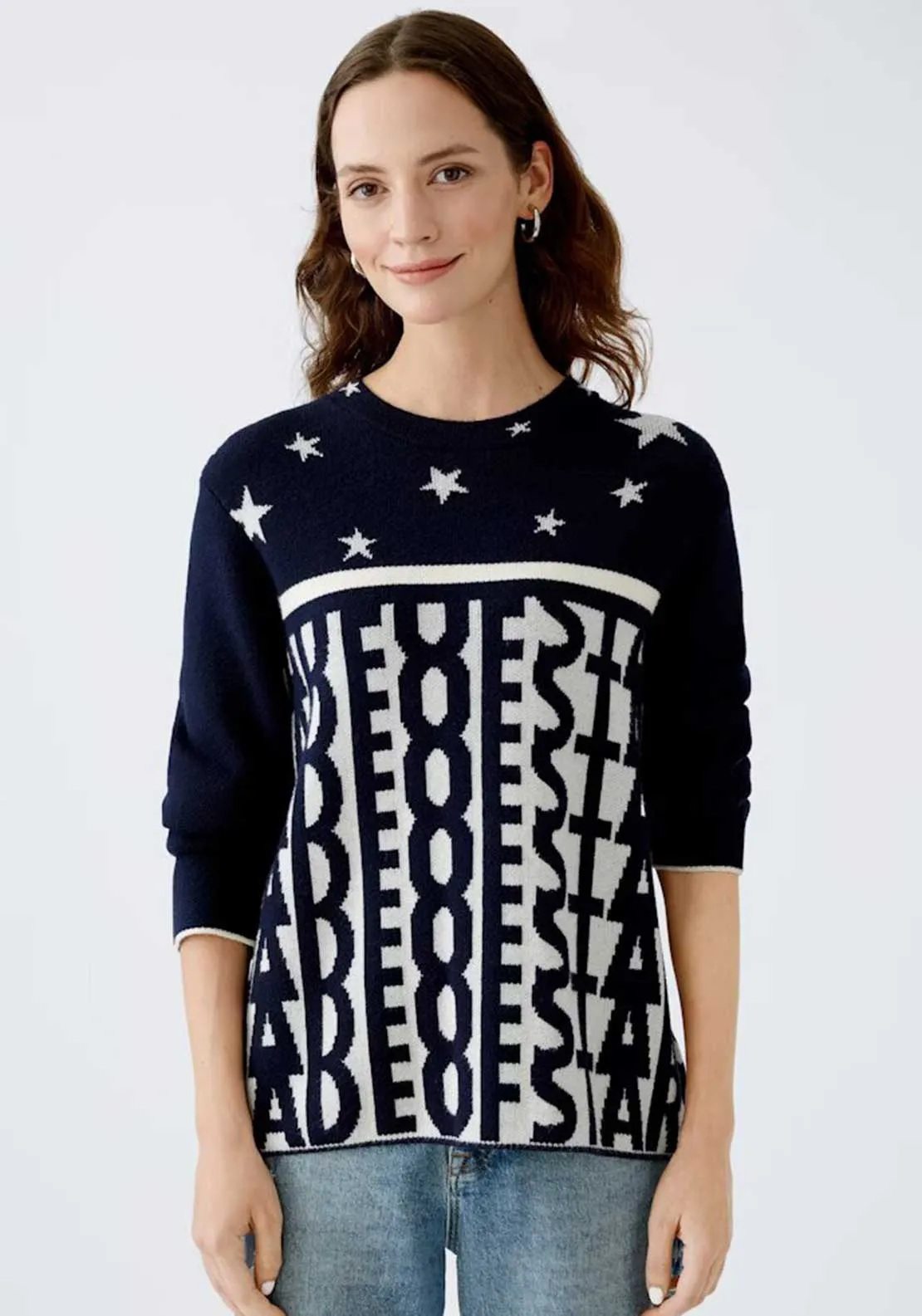 Oui Mongram Star Jacquard Knit Jumper, Navy