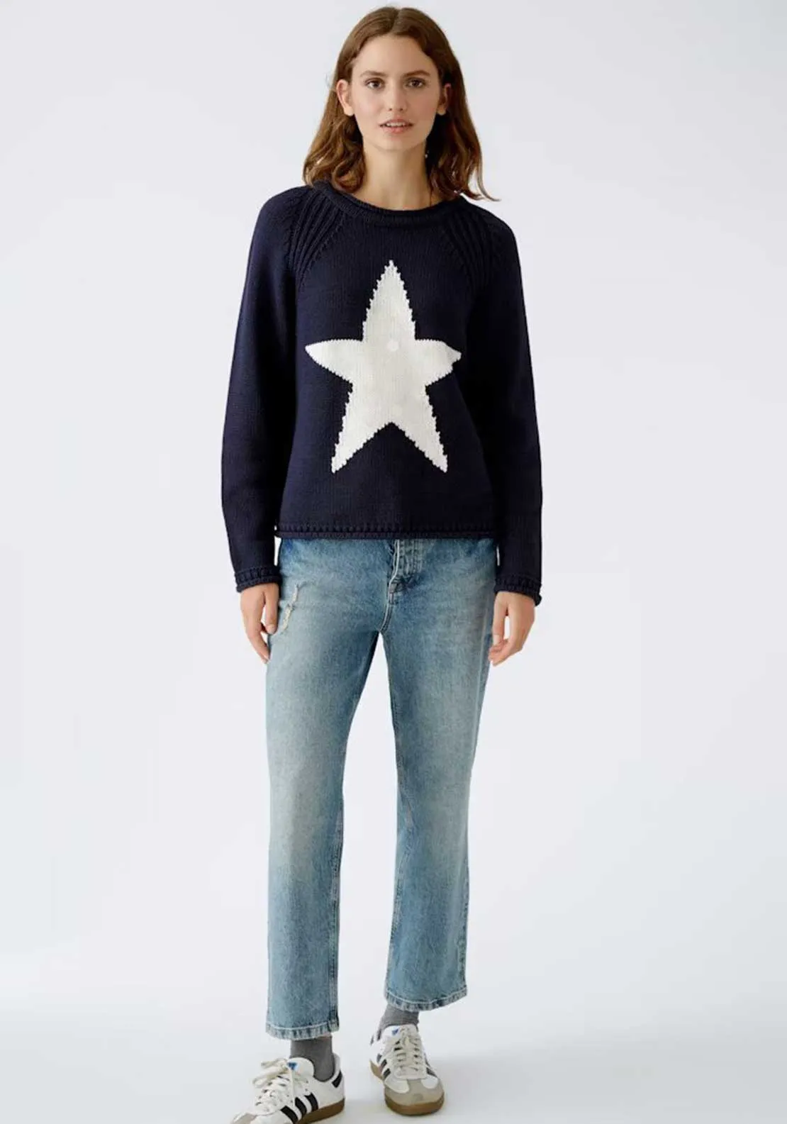 Oui Star Knit Cotton Blend Jumper, Navy