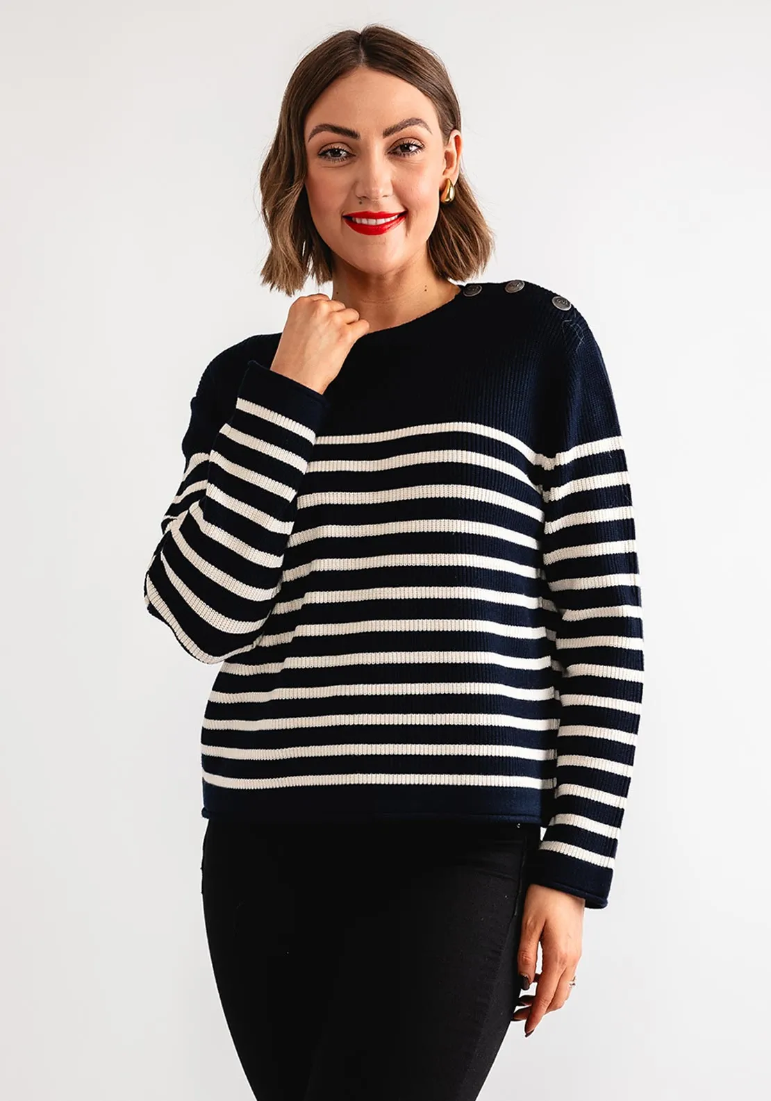 Oui Striped Button Shoulder Jumper, Navy