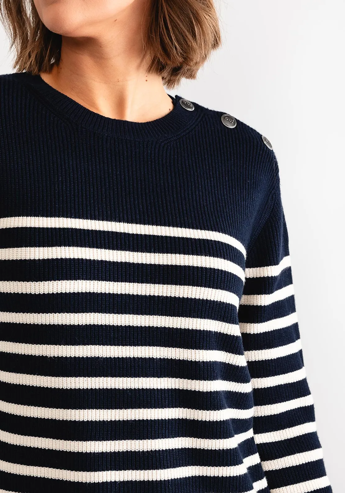 Oui Striped Button Shoulder Jumper, Navy