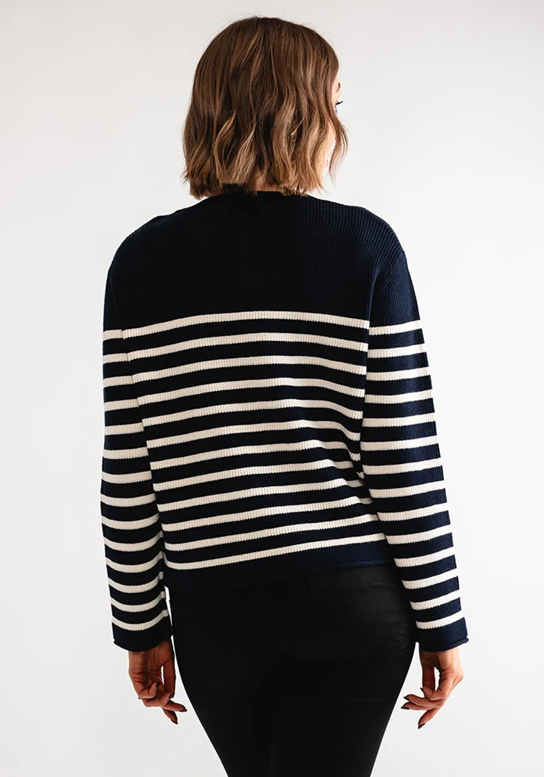 Oui Striped Button Shoulder Jumper, Navy