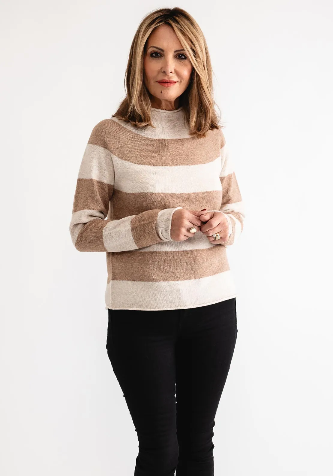 Oui Striped Fine Knit Jumper, Beige