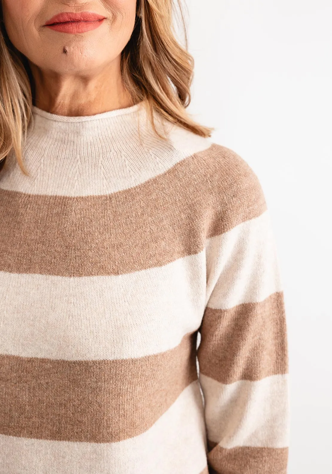 Oui Striped Fine Knit Jumper, Beige