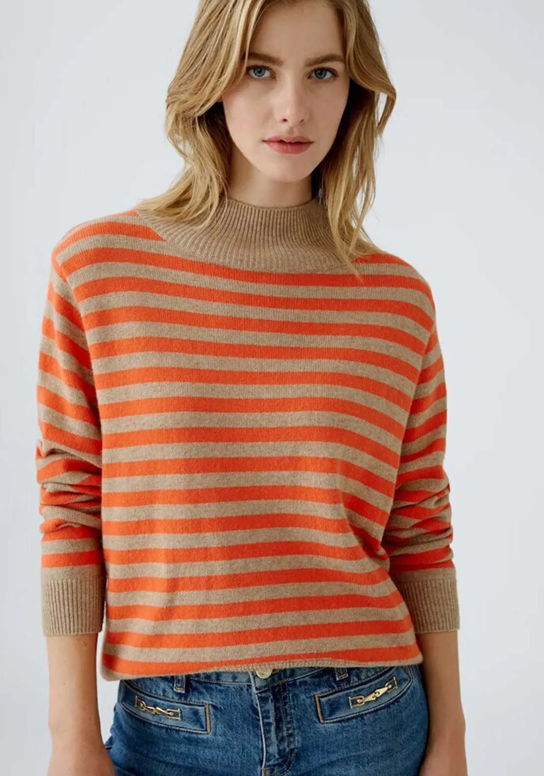 Oui Striped Knit Polo Neck Jumper, Orange and Beige