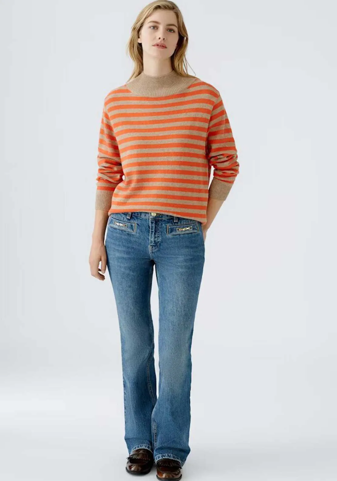 Oui Striped Knit Polo Neck Jumper, Orange and Beige