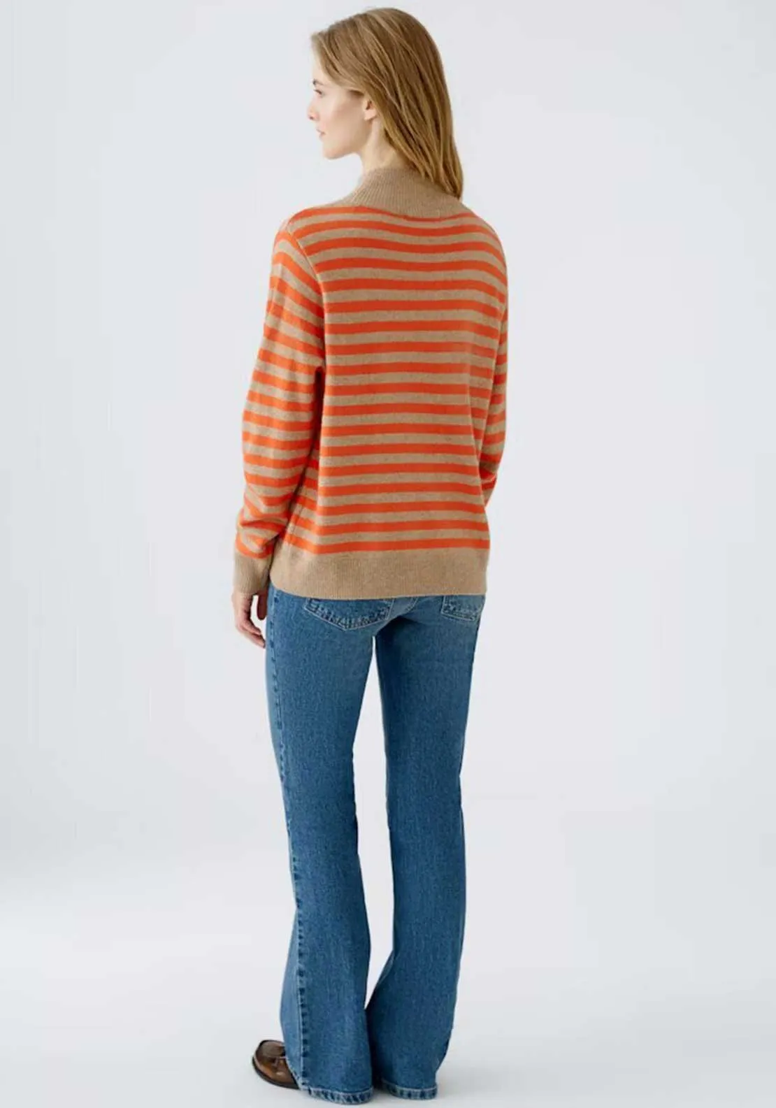 Oui Striped Knit Polo Neck Jumper, Orange and Beige