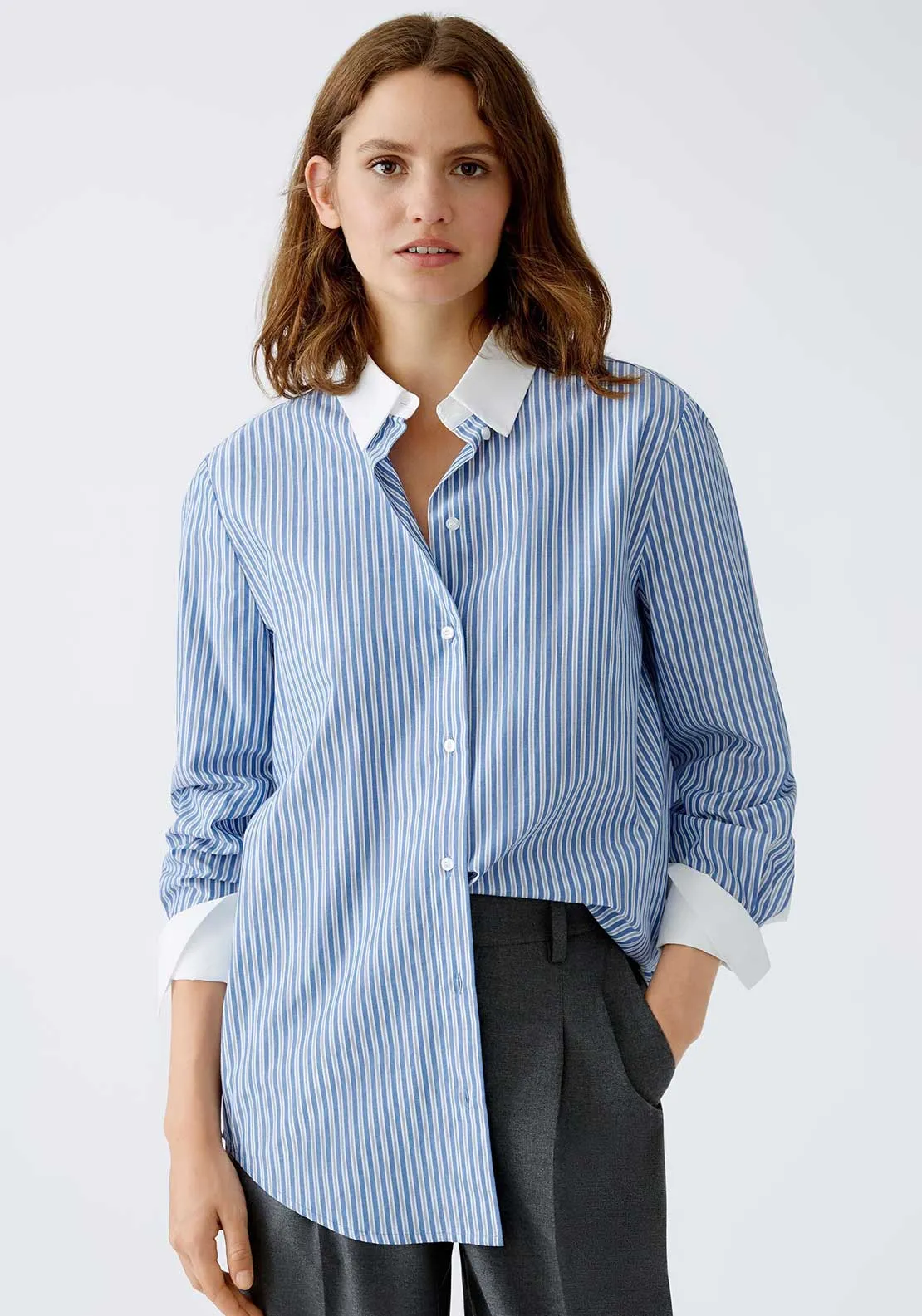 Oui Striped Long Sleeve Shirt, Blue and White