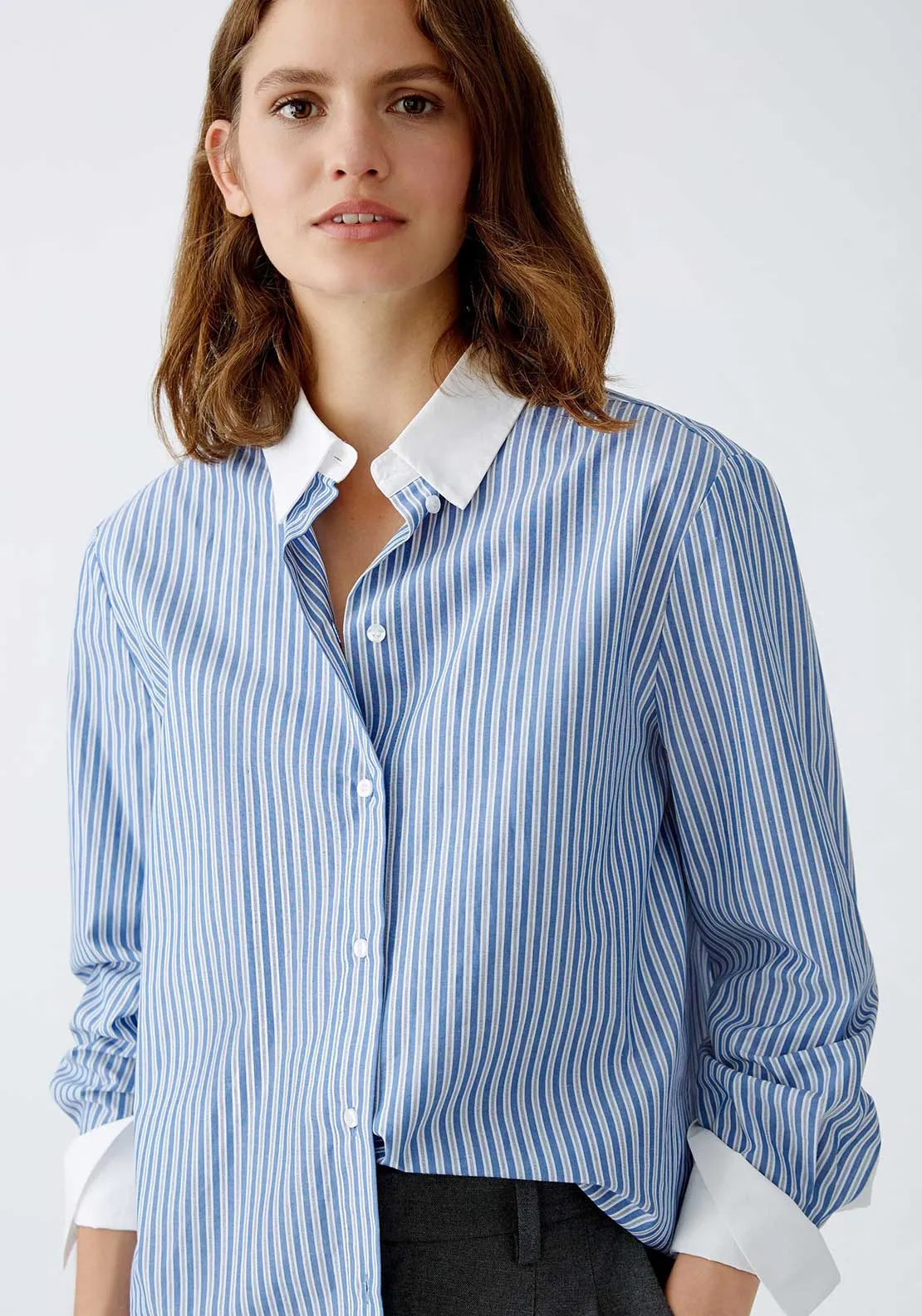 Oui Striped Long Sleeve Shirt, Blue and White