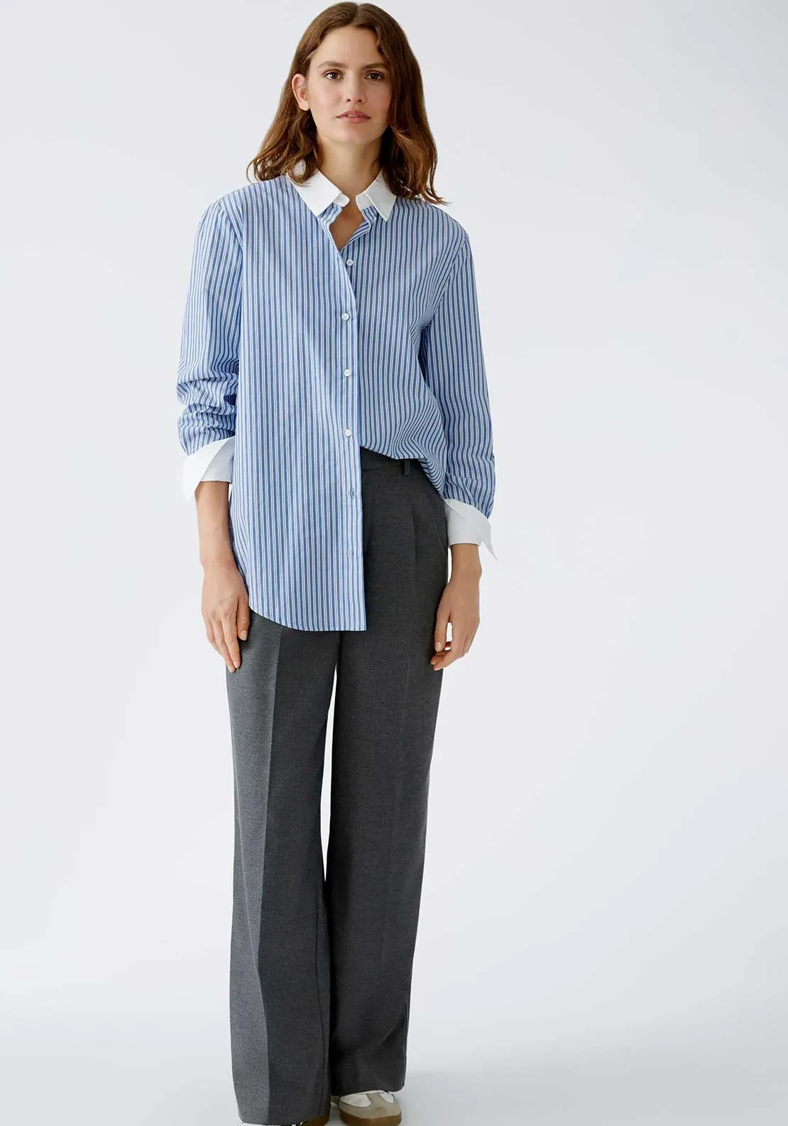 Oui Striped Long Sleeve Shirt, Blue and White