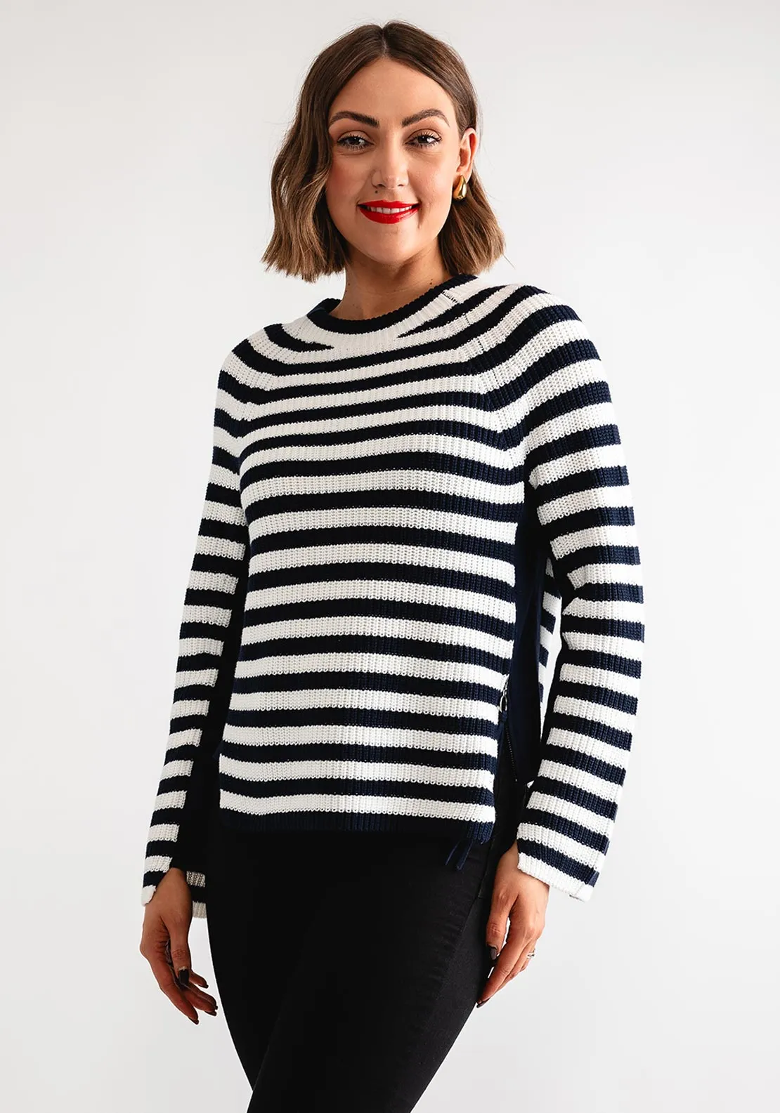 Oui Striped Zip Trim Knit Jumper, Navy & Cream