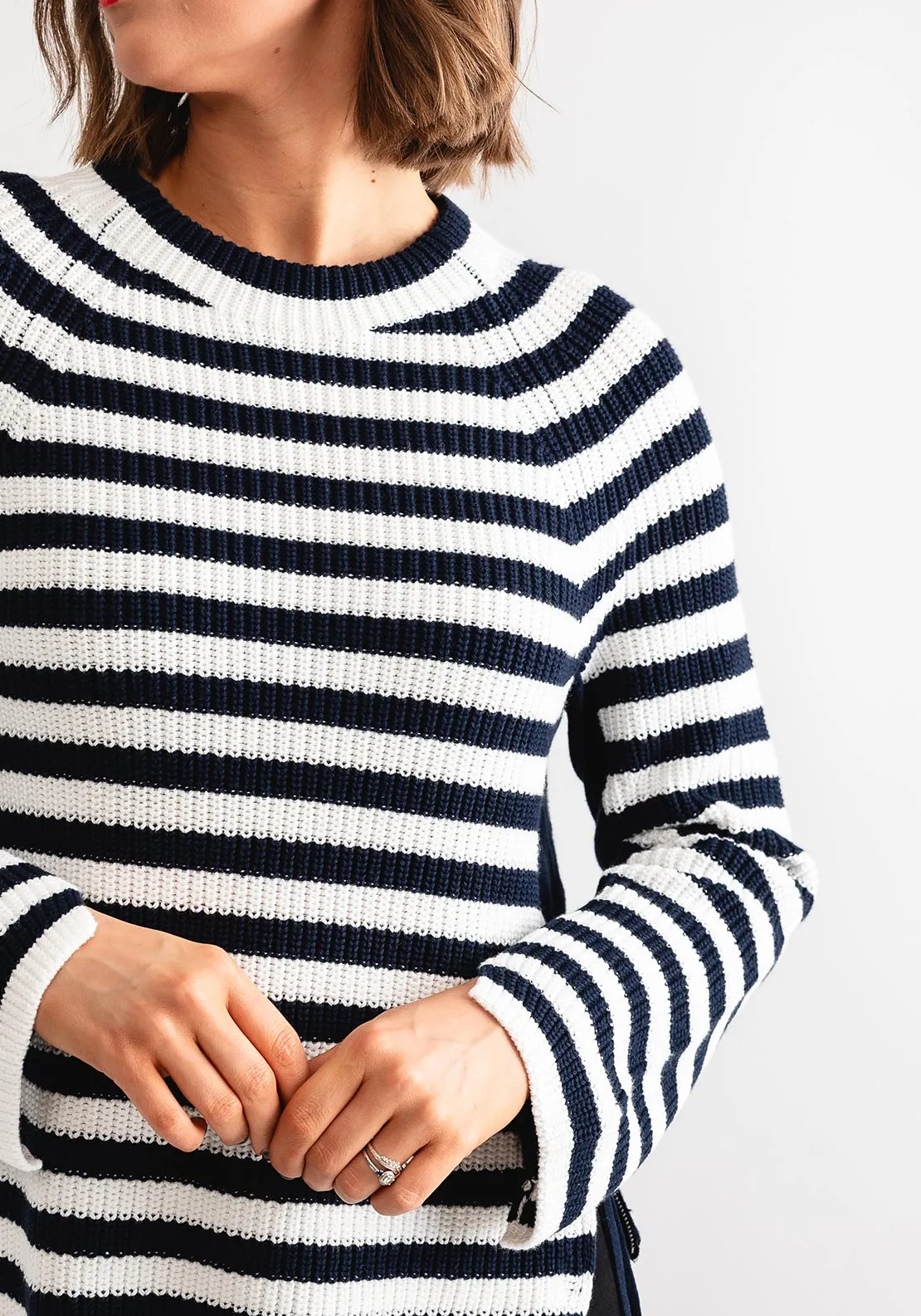 Oui Striped Zip Trim Knit Jumper, Navy & Cream