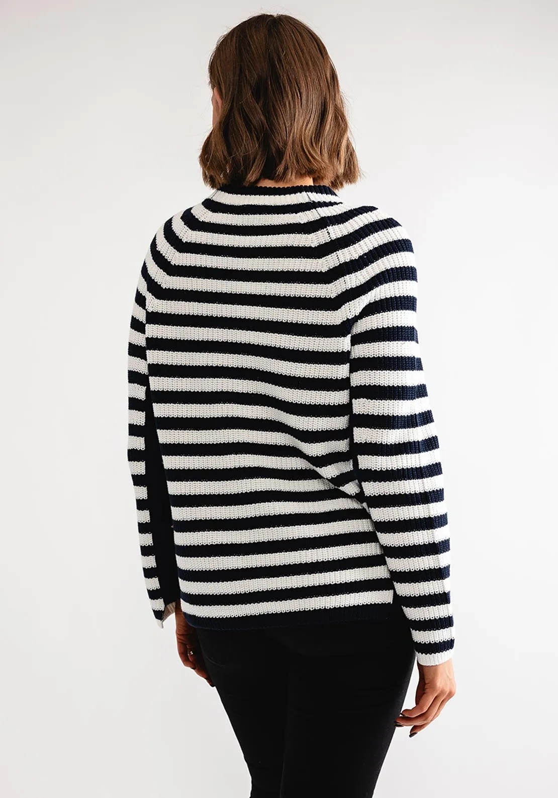 Oui Striped Zip Trim Knit Jumper, Navy & Cream